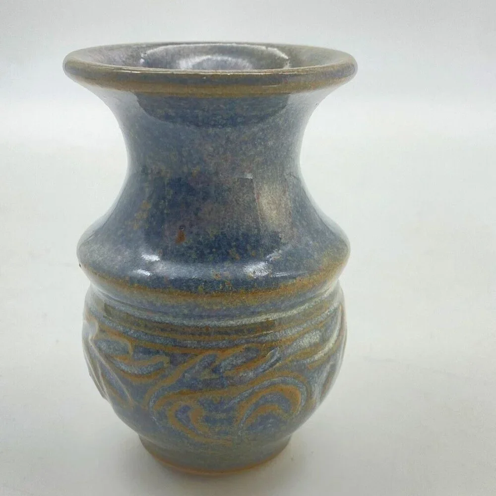 VTG Signed Studio Art Pottery Vase Blue Brown Speckled Glaze Stoneware 4.5
